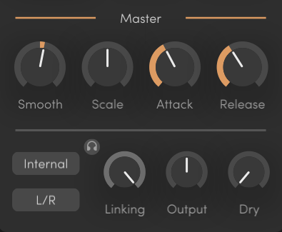 ダークグレーの音声エフェクト/コンプレッサー風UI。Master、Smooth、Scale、Attack、Release、Internal、L/R、Linking、Output、Dryのノブとボタンが表示されている。