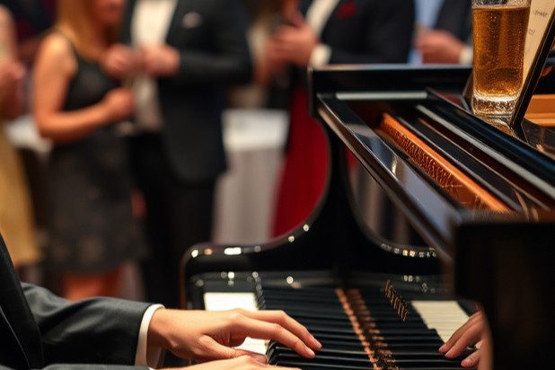 Ein eleganter Pianist spielt bei einer stilvollen privaten Veranstaltung oder Firmenfeier.