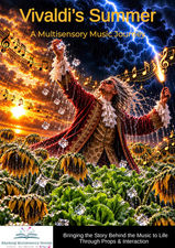 Cover of Vivaldi’s Summer – A Multisensory Music Journey™, showing a figure in Baroque clothing surrounded by golden musical notes, summer sunshine, lightning, hail and storm-damaged crops.