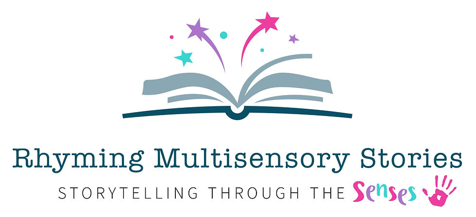 Logo for Rhyming Multisensory Stories featuring an open book with colourful stars and sparkles rising from its pages