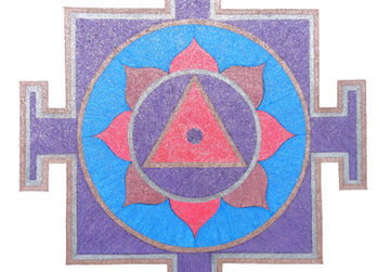 basic yantra drawing in purple, pink, and blue, featuring an outer square shape, with circular and triangular shapes housed within the square