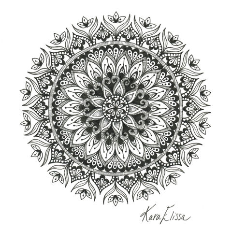 black and white mandala using shapes and patterns representing growth (e.g. leaves, petals)