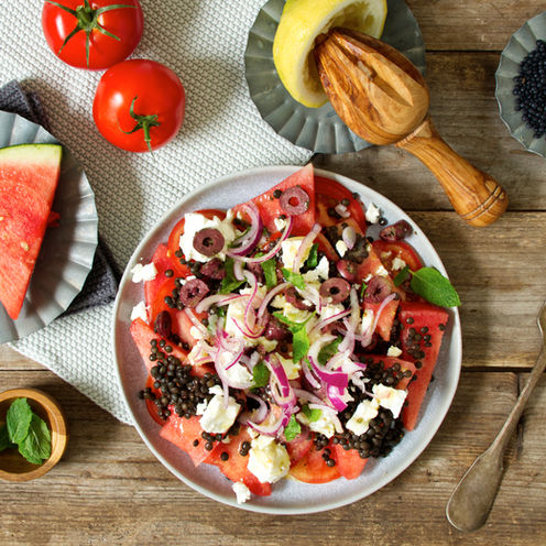 Melonen-Tomaten-Linsen-Salat mit Feta
