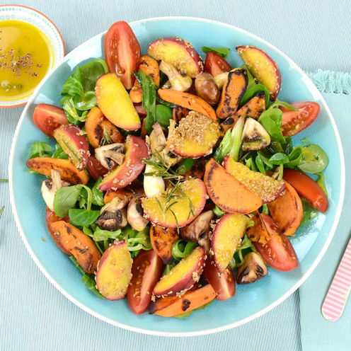 Süßkartoffel-Pfirsich-Salat mit Pilzen