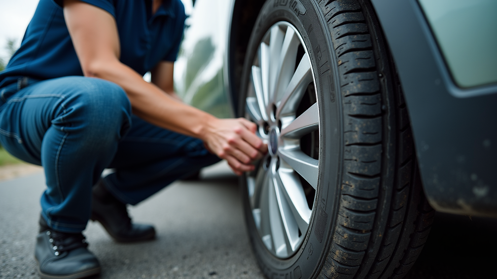 Close-up view of a roadside assistance technician changing a tyre on a car