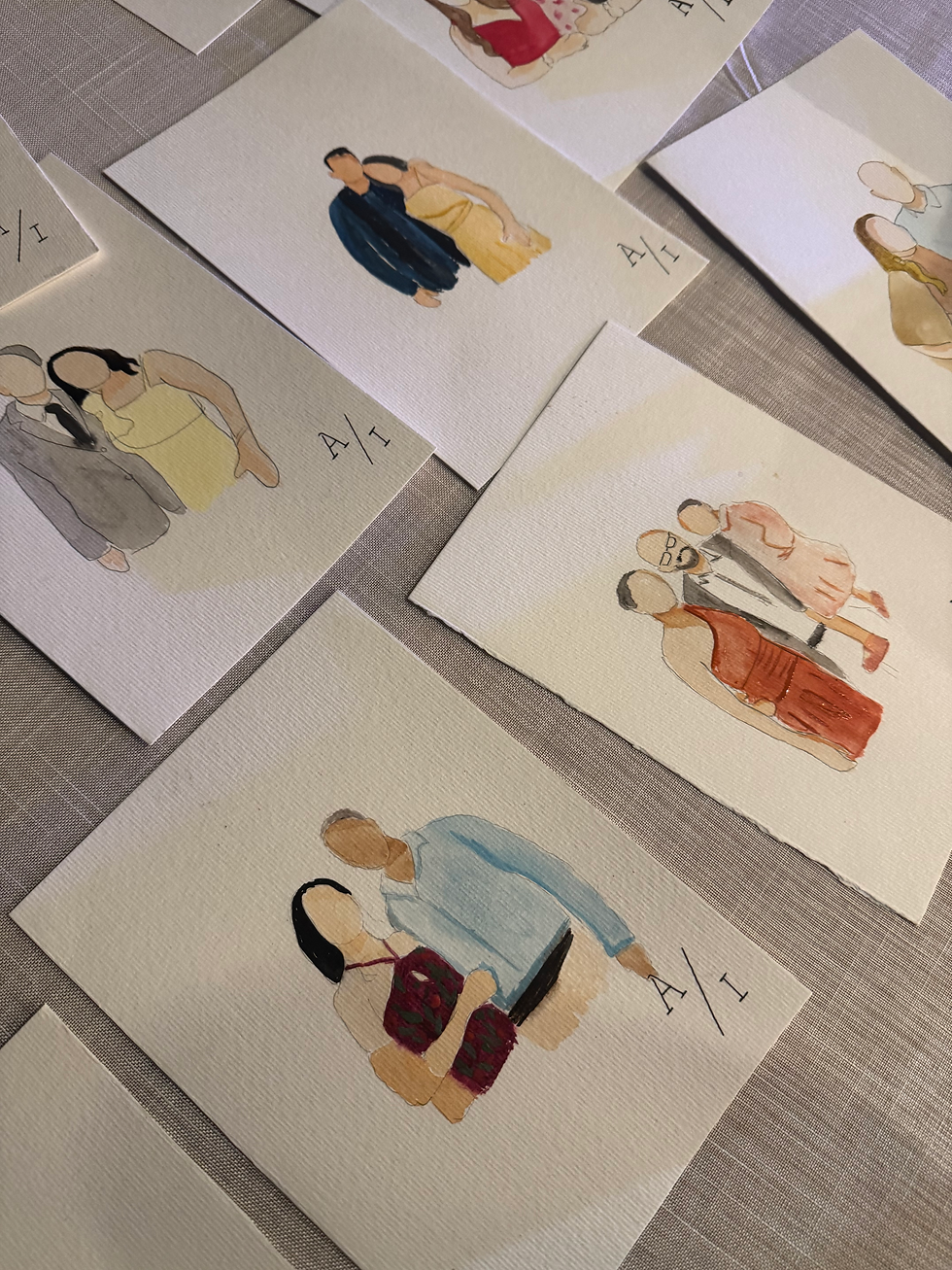 Pintura em aquarela feita à mão ao vivo em casamento. pintura dos convidados em aquarela