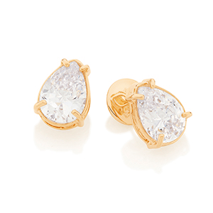 Brinco solitário formado por laterais vazadas composto por 2 zircônias gotas