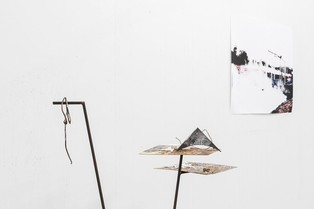 I, tourist 2017 This installation forms part of a body of works produced after a field trip with artists to central western Queensland camping on rural properties. The region is part of the Great Artesian Basin, and is heavily reliant on the continuous flow of bore water tapping into the vast bodies of ancient water lying beneath the ground. Land/floor drawing, clay, pigments, lime, found objects, printed digital images, welded steel, cast bronze. Helen Hardess
