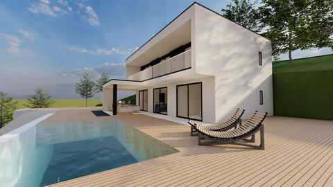 maison en beton, finition a la chaux blanche terrain en terrasses