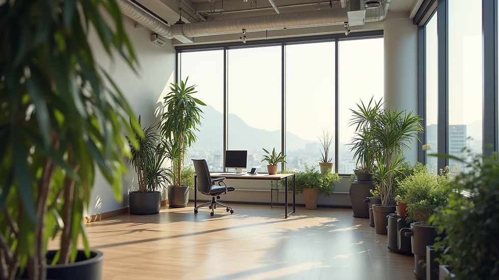 Wide angle view of a modern workspace with a large window and plants