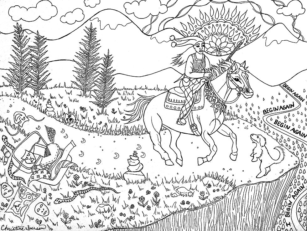 A black and white line drawing coloring page of a woman (interpretation of The Fool) riding a horse toward a cliff edge, a small white dog facing them. She leaves behind baggage strewn open, old masks, a book, clothes. Snakes slither off into the distance. A mandala sun rises over mountains on the horizon. The words "begin again" are repeated along a pathway up the mountains.