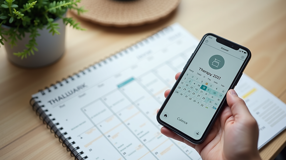 Close-up view of a calendar and a smartphone showing an online therapy appointment