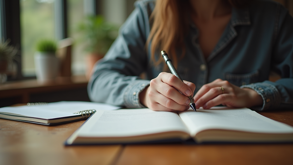 Eye-level view of a person writing in a journal on a wooden table