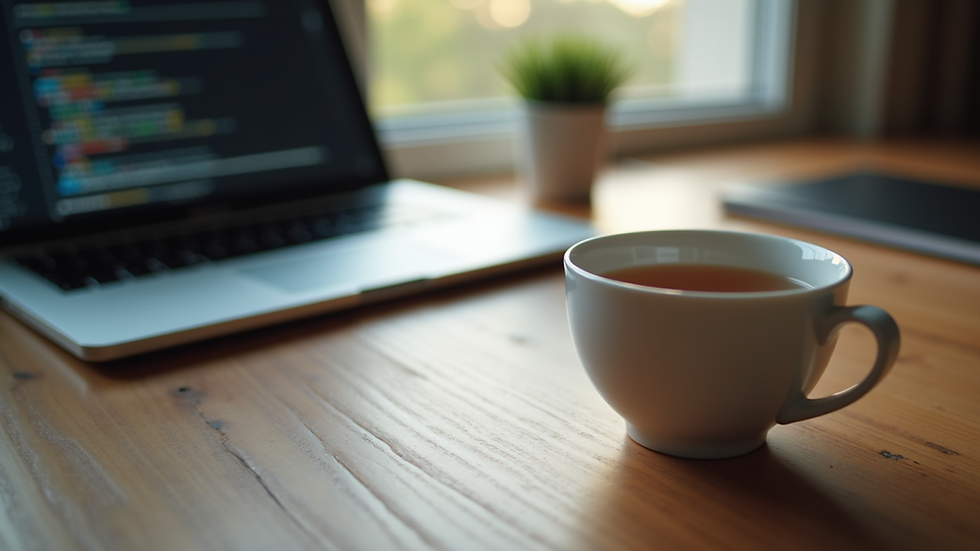 Eye-level view of a laptop on a desk with a cup of tea beside it