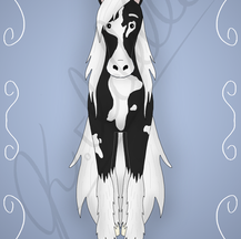 A black and white horse against a blue backdrop.