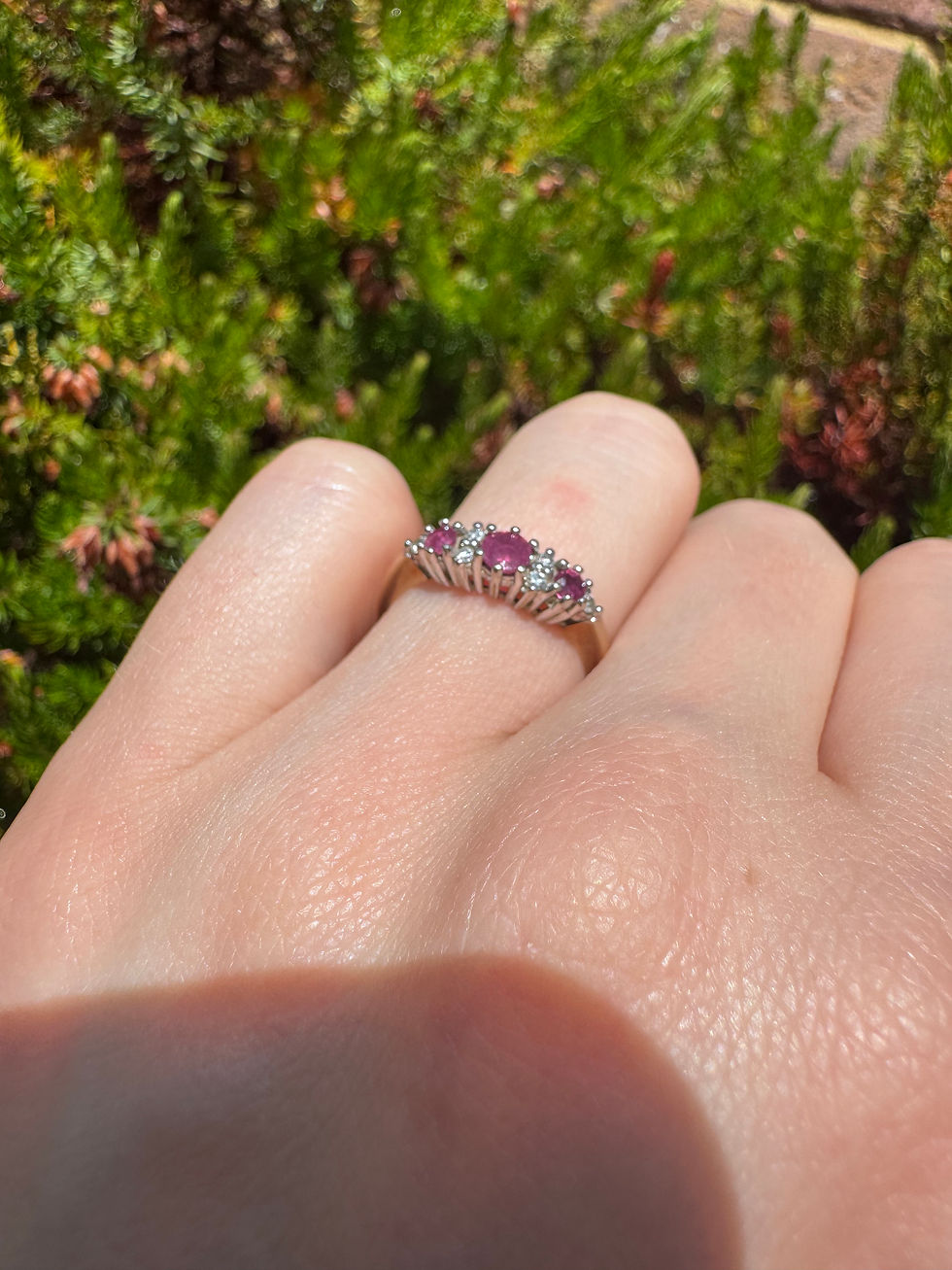 Thumbnail: Pink ruby and diamond in 9ct yellow gold (size UK K.5)
