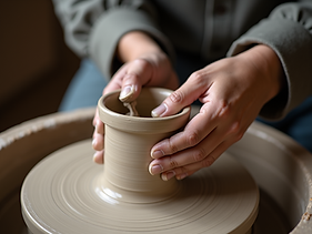 Close-up-shot-of-an-artisan's-hands-shaping-clay-on-a-potter's-wheel-with-soft-natural-lig