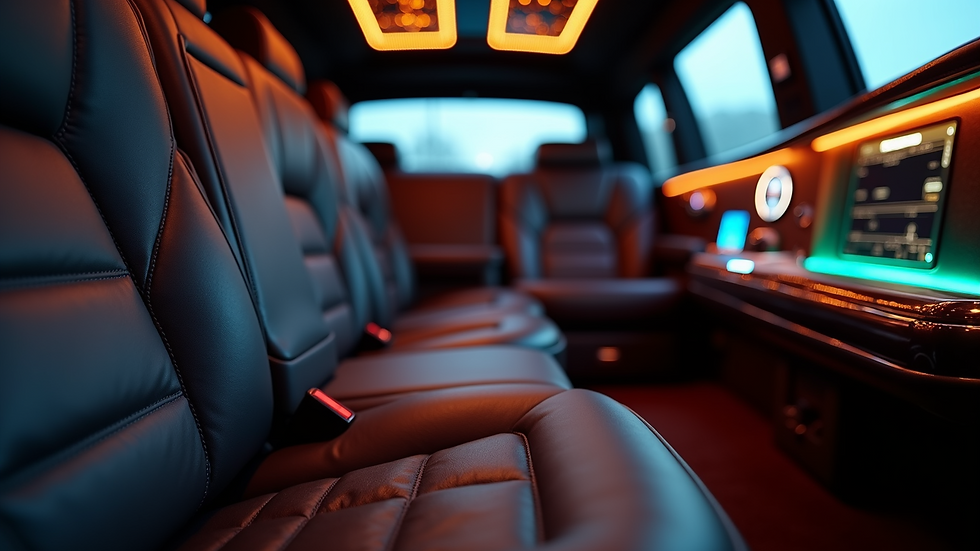Close-up view of a luxury limousine interior with leather seats and ambient lighting
