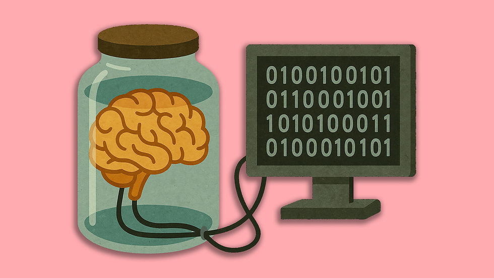 Brain in a jar connected to a monitor displaying binary code. Pink background, digital theme.