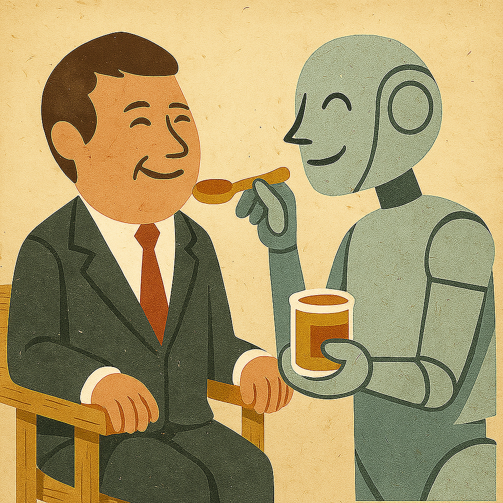 An adult man being fed by a robot