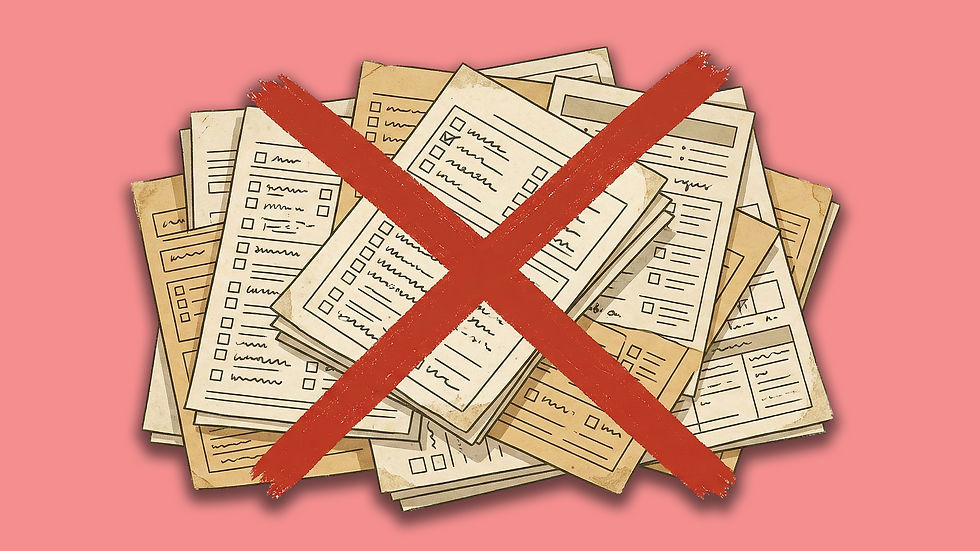 Stack of papers with checkboxes, covered by a bold red X, on a pink background, indicating cancellation.