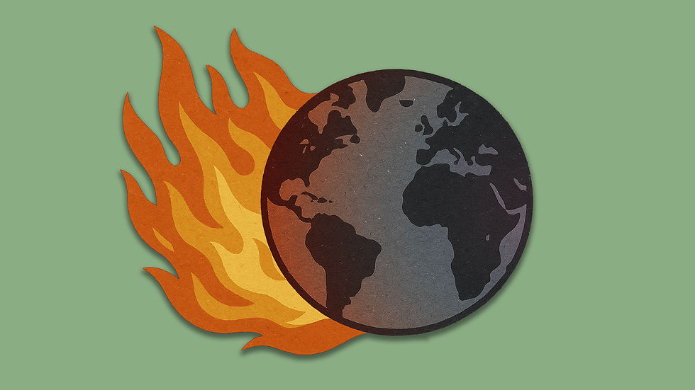 Earth on fire illustration with flames on one side, set against a green background, emphasizing the swift rate of change that AI may bring