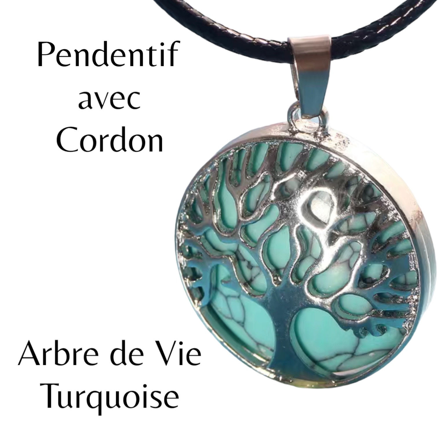 Pendentif Arbre de Vie - Turquoise & Cordon Noir