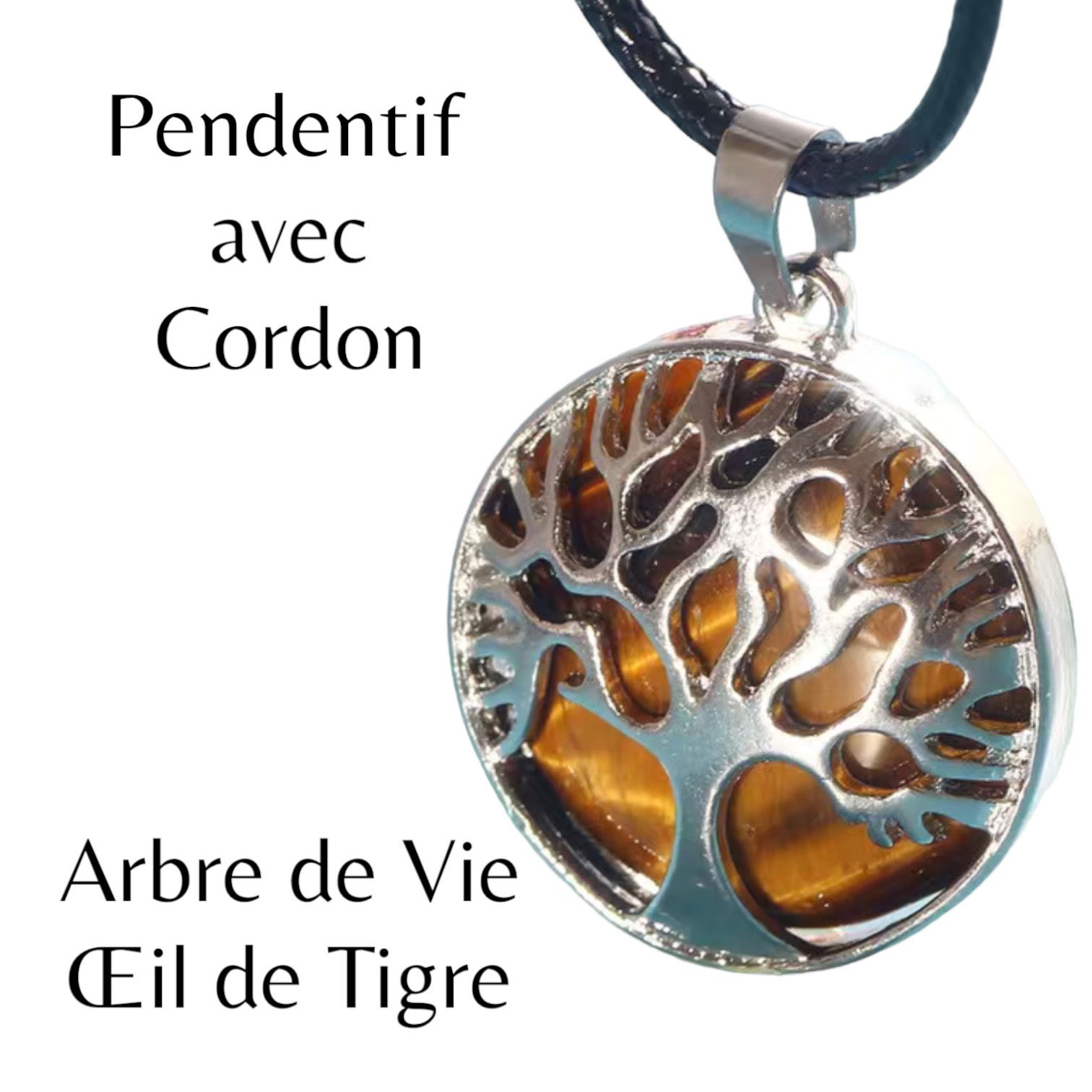 Pendentif Arbre de Vie - Œil de Tigre & Cordon Noir