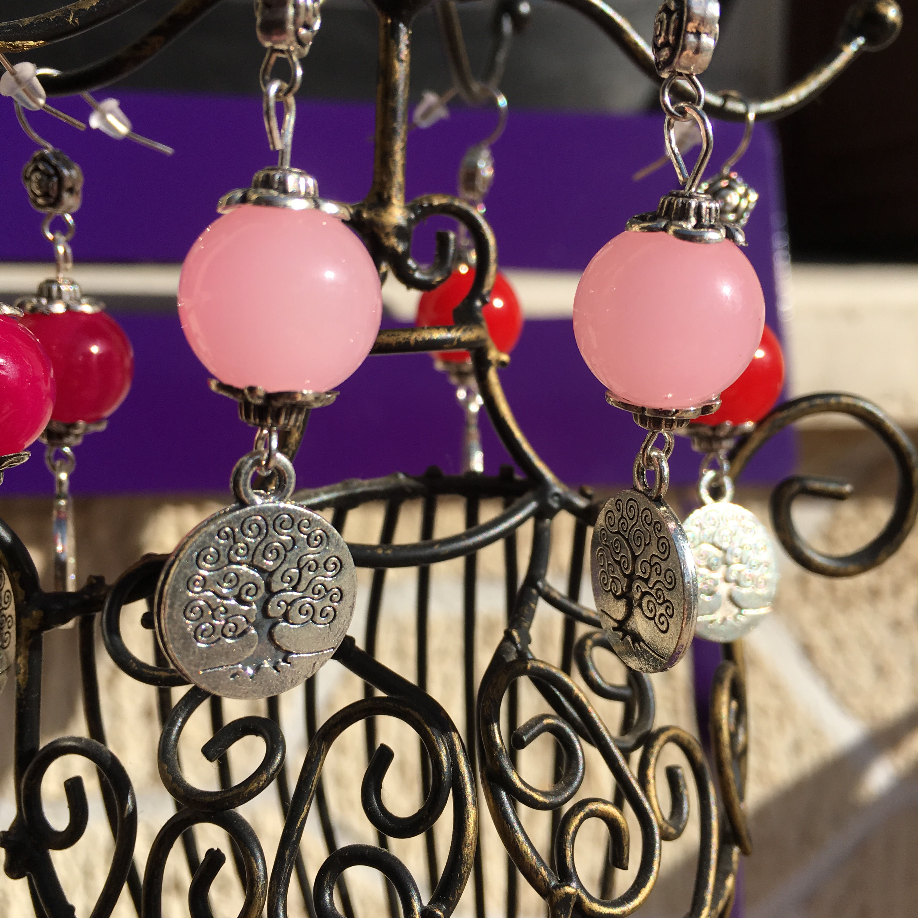 Boucles d’Oreilles Arbre de Vie Perle de Verre Rose