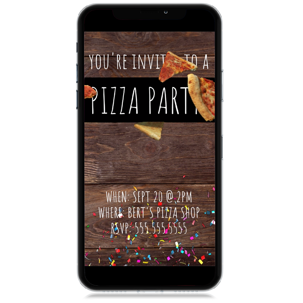 Pizza Party Video Invitation on a wood panel background. Perfect for a Pizza birthday or School Pizza Party Reward!