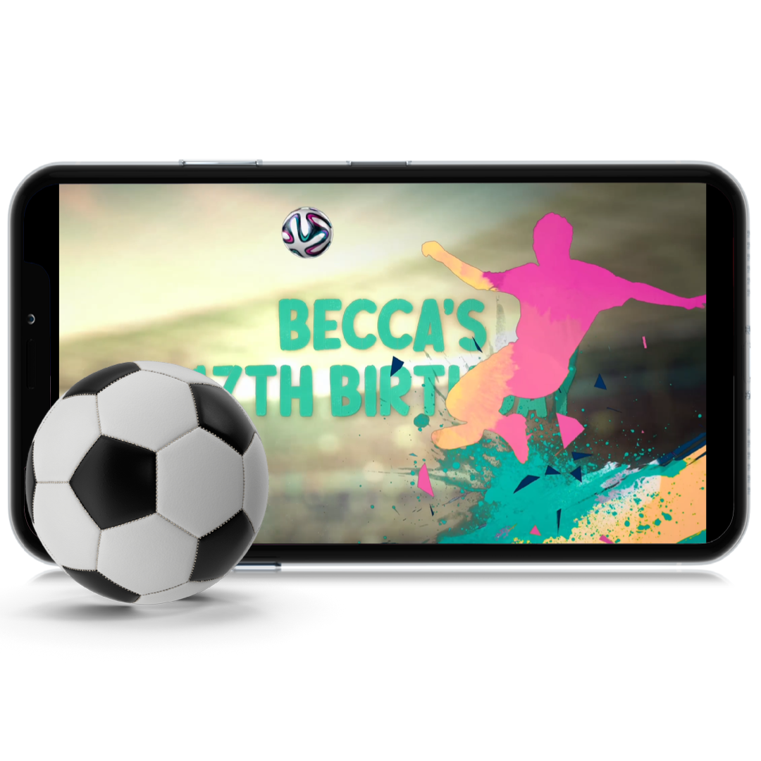 Colorful soccer birthday party digital invite with animated soccer player graphics in teal, pink, and purple