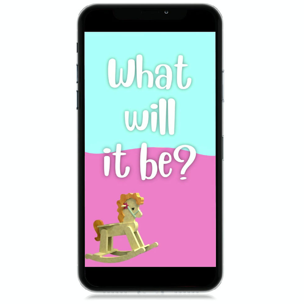 Thumbnail: cute digital gender reveal invite featuring rocking horse, hot air balloon and clouds