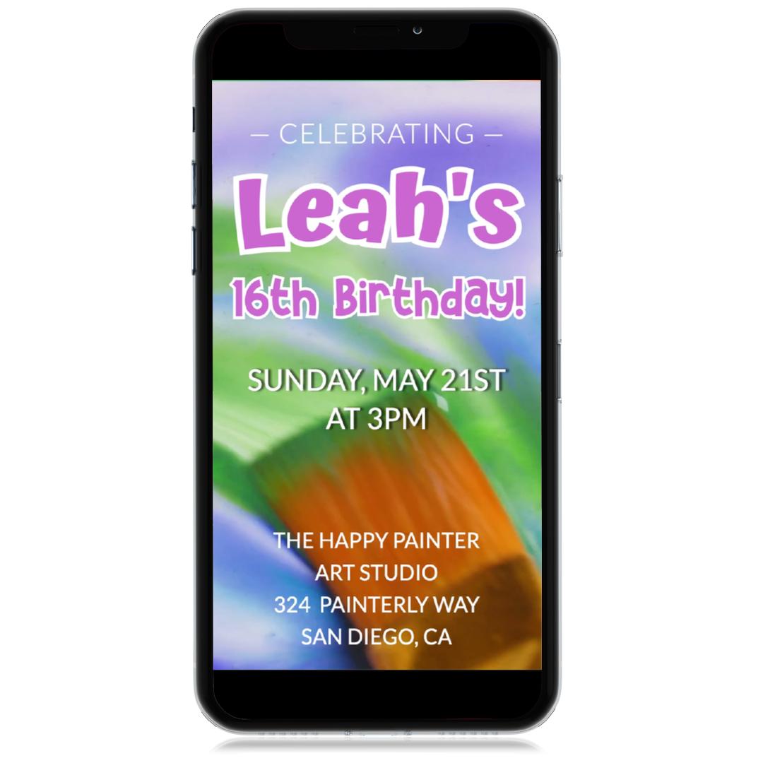 Blue and purple watercolor party video invitation with paint textures