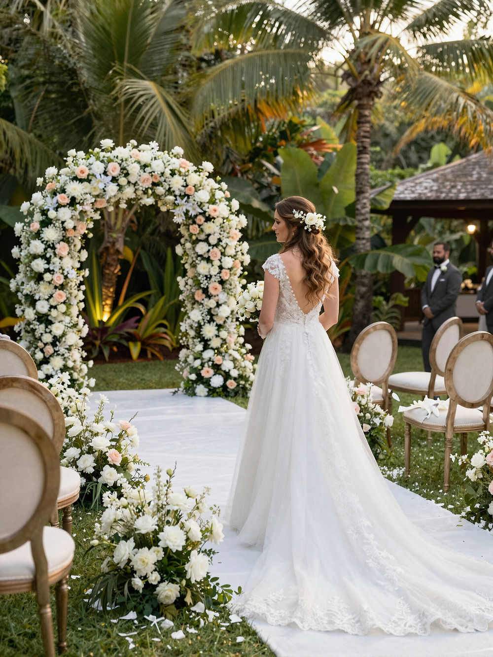 Bride walking to a floral wedding arch, bespoke collection