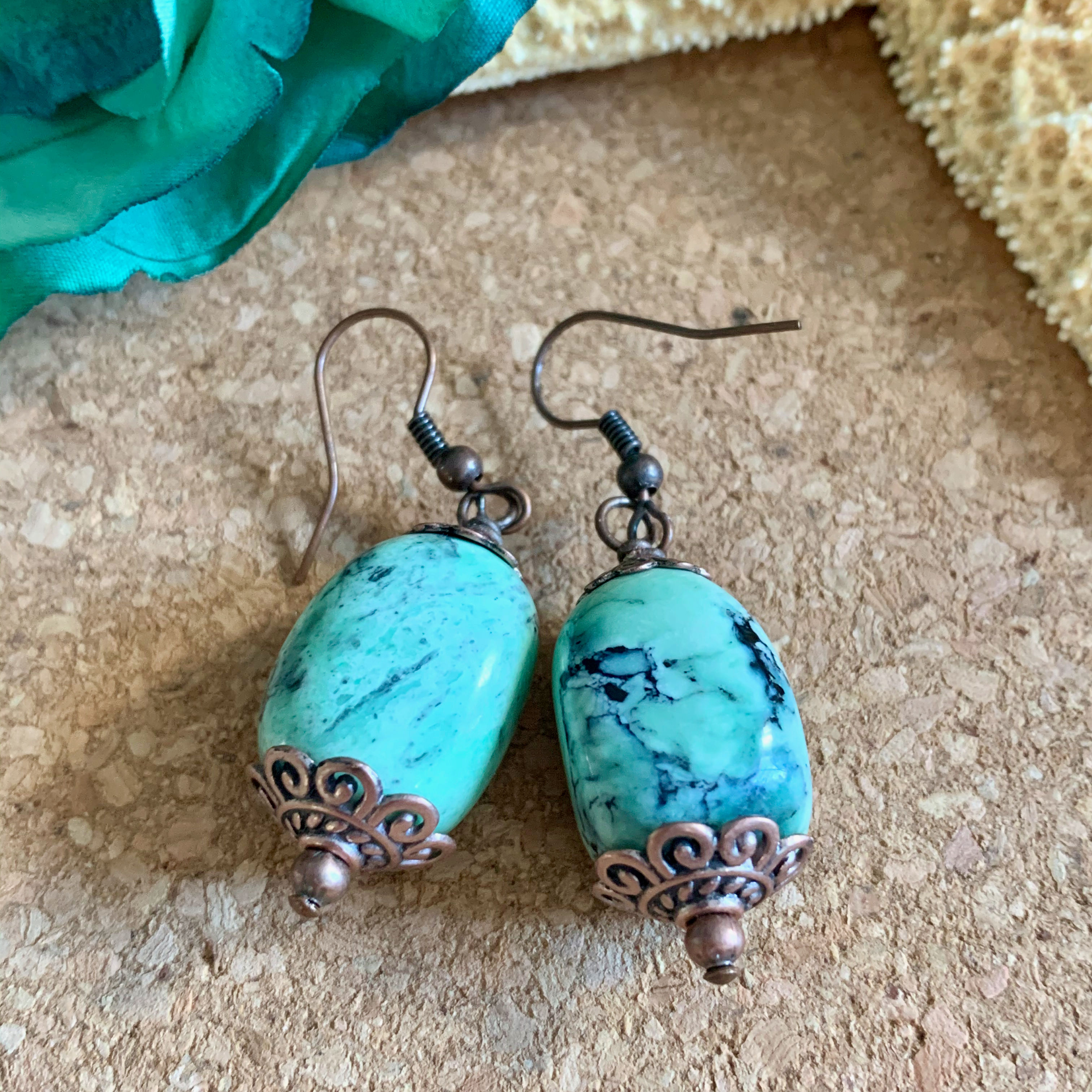 Amazonite Gemstone Droplet Earrings w Rose Gold Daisy Caps on Antique Copper Hoo