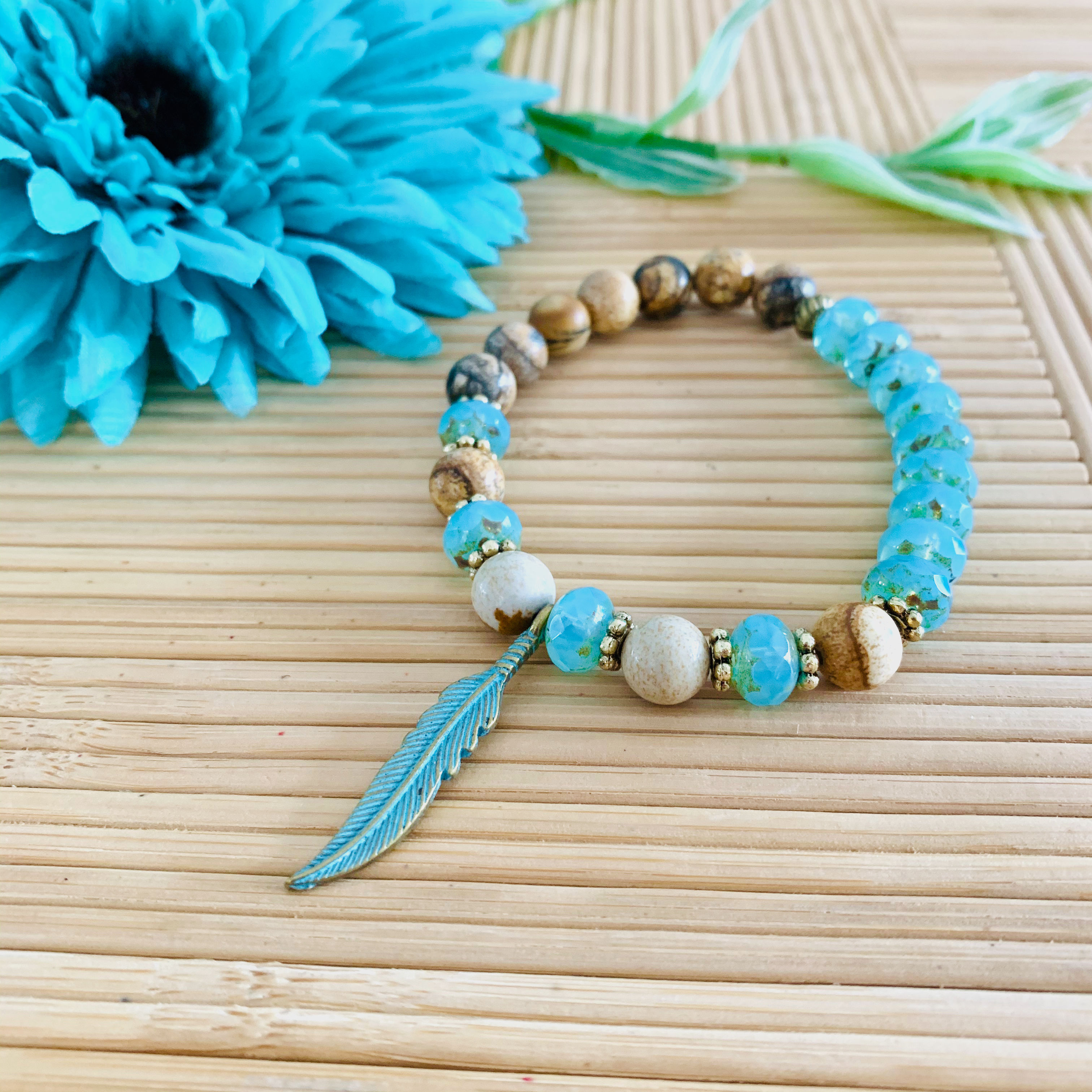 Picture Jasper Gemstones + Blue Faceted Glass Beads w Patina Feather + Gold Spa