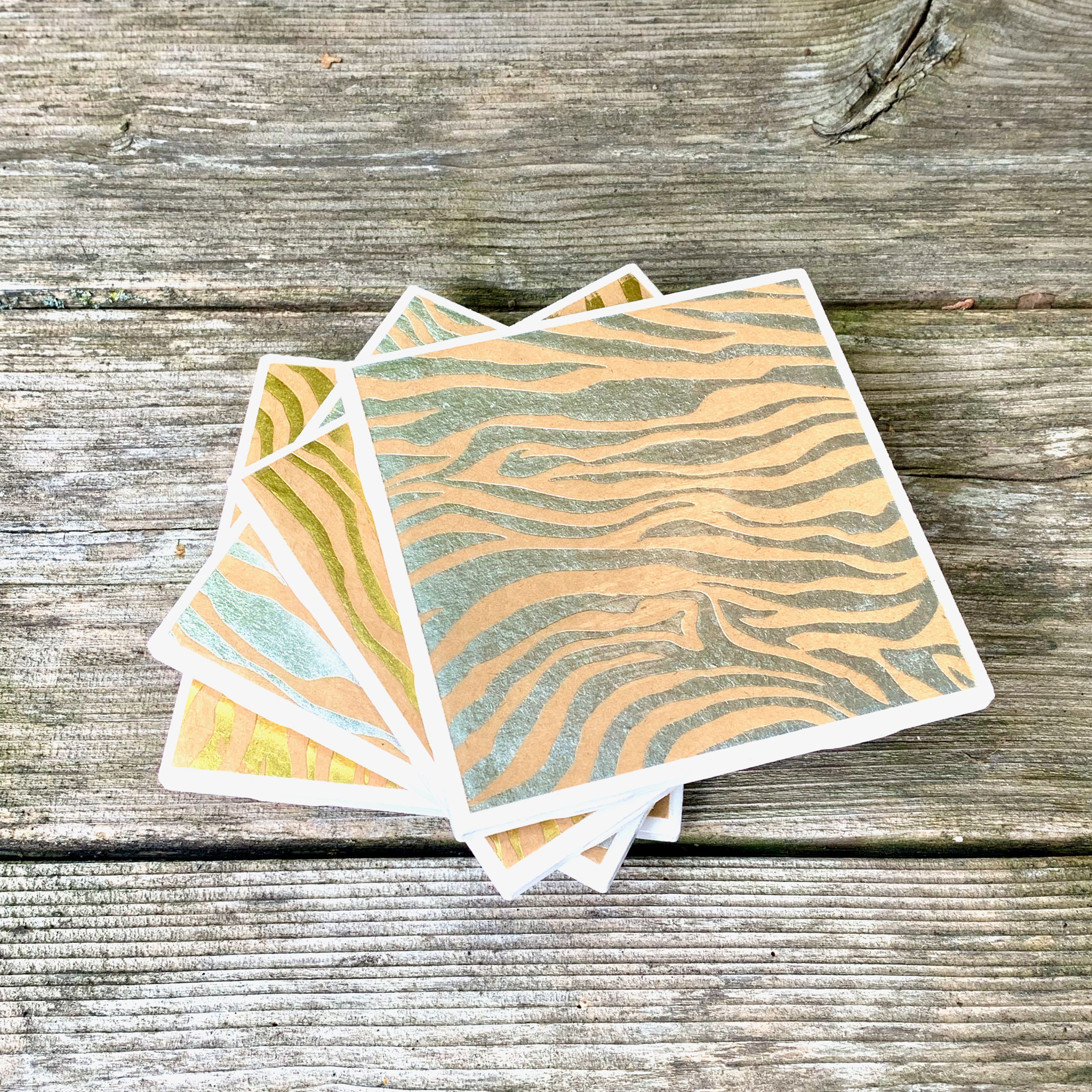 Silver + Gold Metallic Zebra Print on Brown Craft Paper Ceramic Coasters