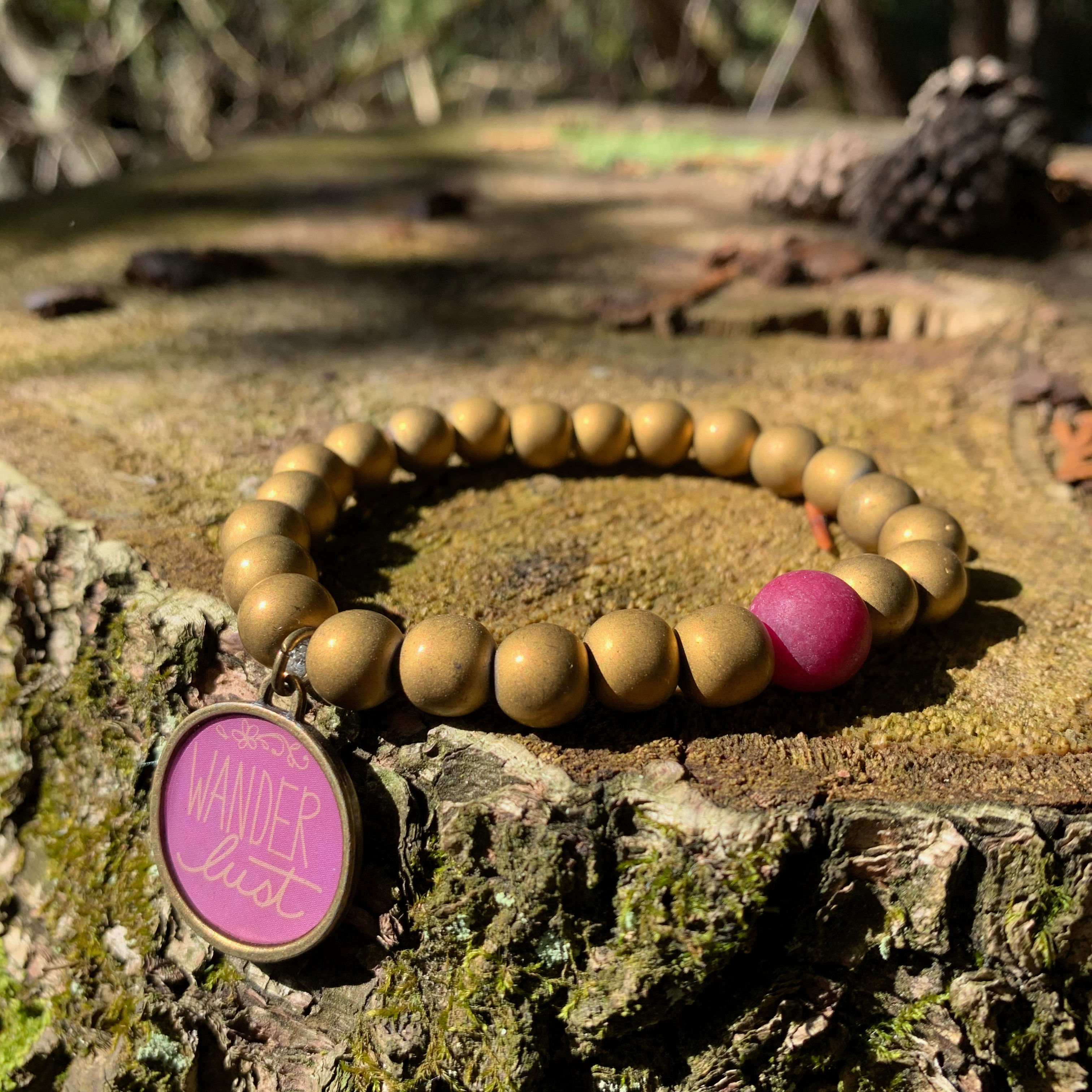 Gold Hematite + Purple Quartzite Gemstones w Antique Gold Wanderlust Charm