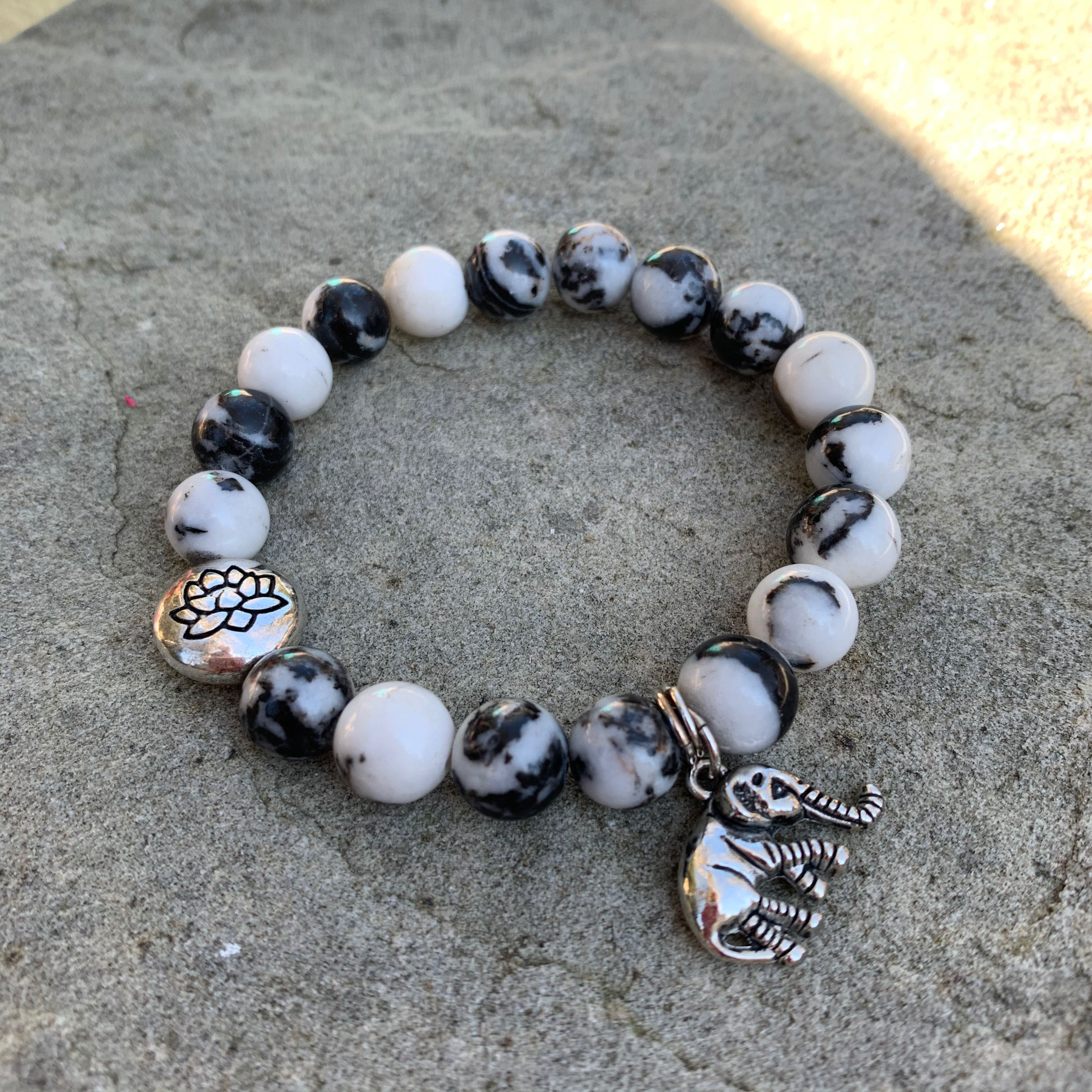 Zebra Jasper Gemstones w Silver Lotus Flower Spacer + Elephant Charm
