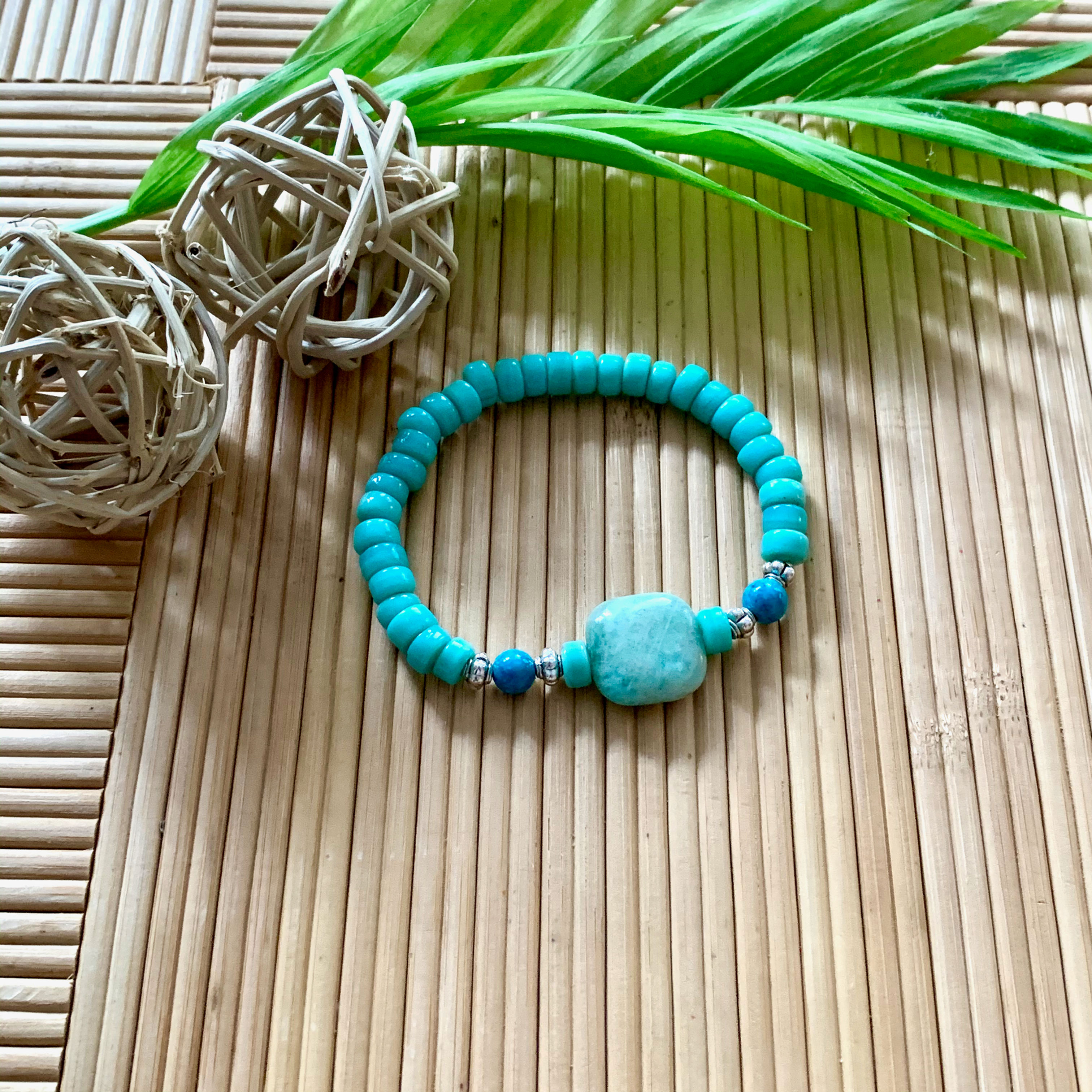 Amazonite + Turquoise Gemstones w Aqua Blue Glass + Silver Spacers