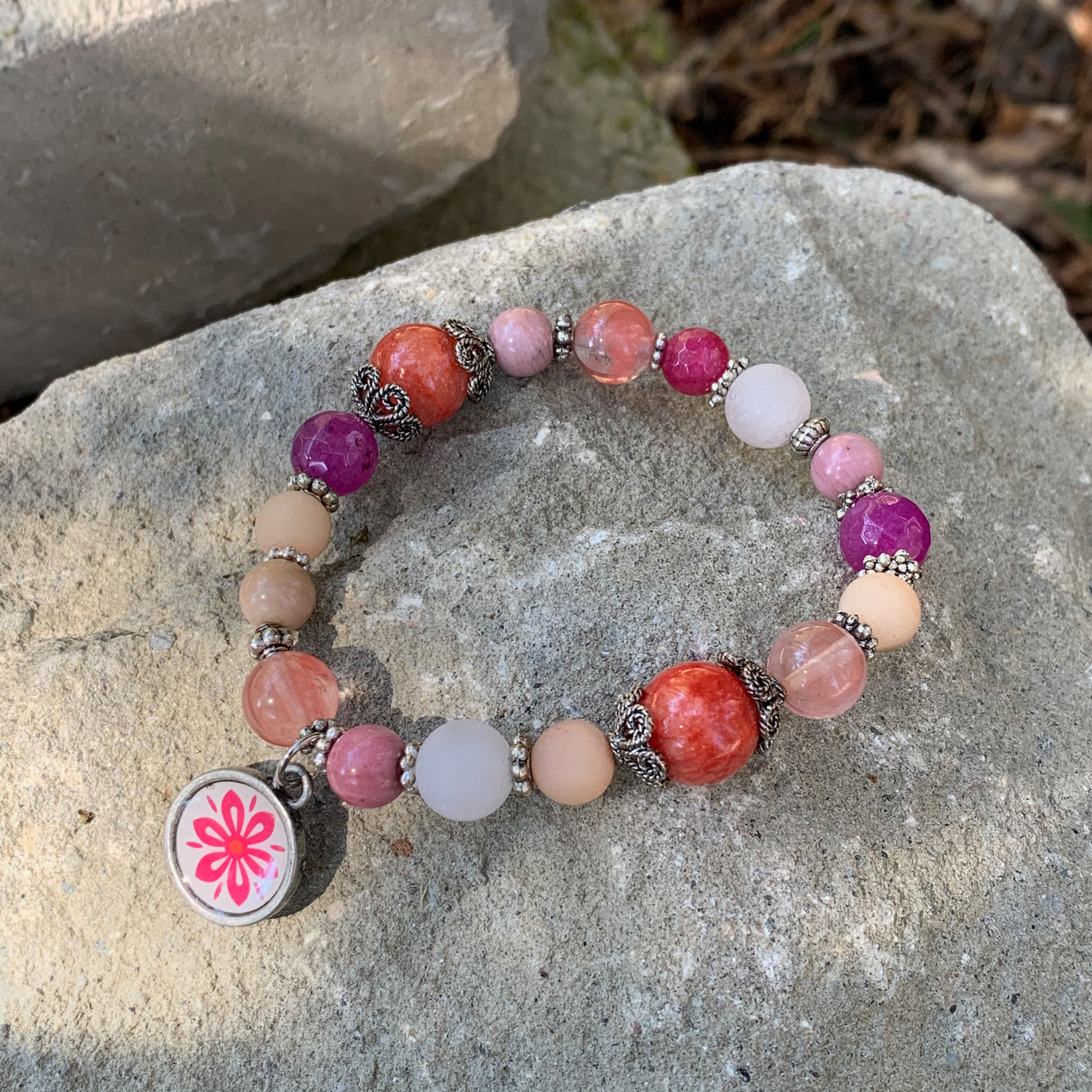 Blended Gemstones of Magenta/Pink/Peach Agate, Coral Quartzite,  Rhodonite + Wat