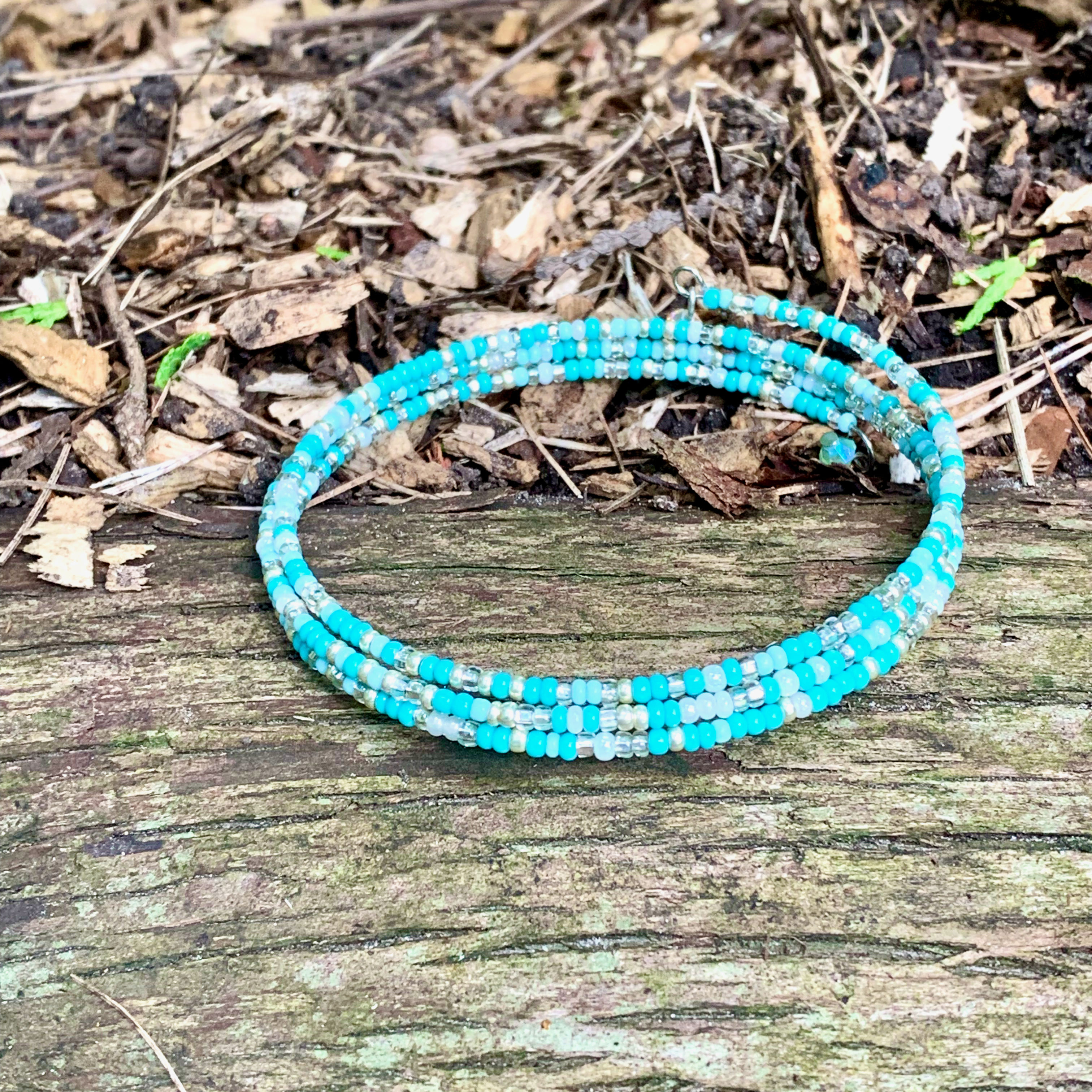 Memory Wire Wrap Bracelet w Blended Blue Seed Beads + Swarovski Crystals