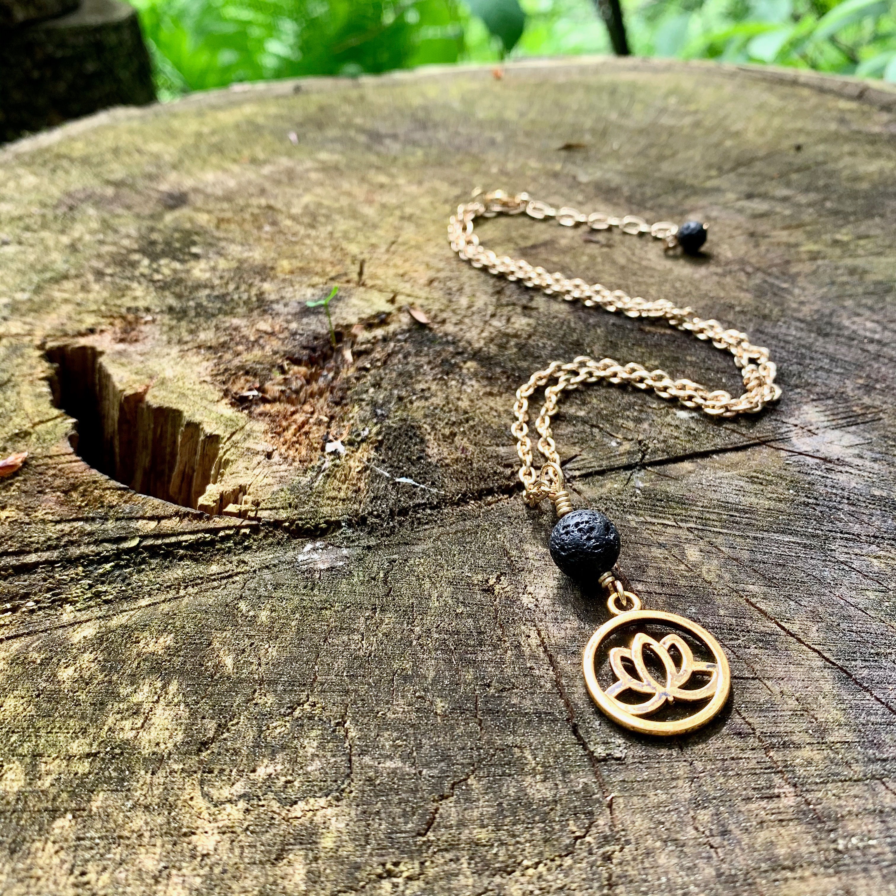 Black Lava Stone Gemstones w Golden Lotus Flower Charm on Gold Chain + Clasp