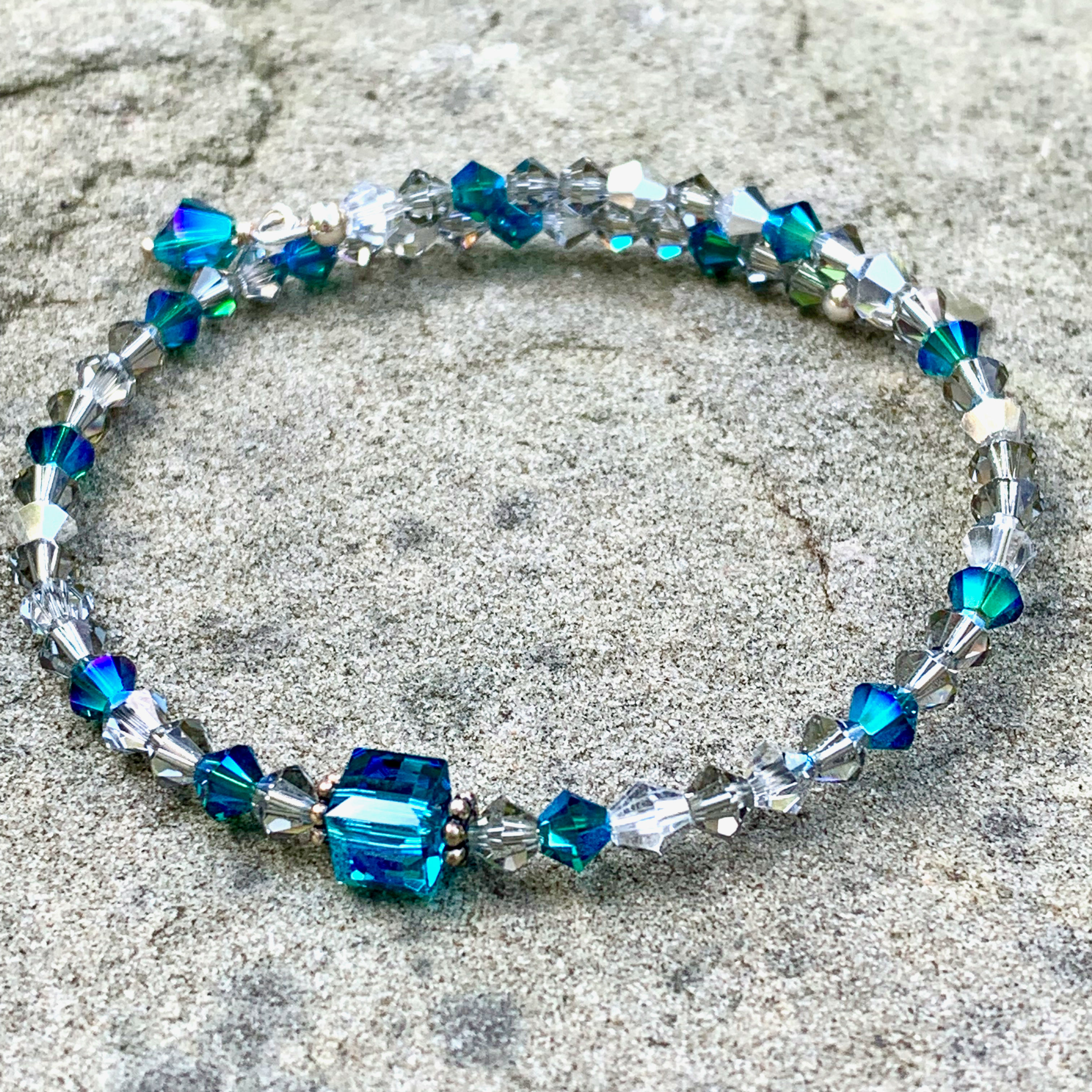 Swarovski Crystal Memory Wire Bracelet w Sterling Silver Heart Charm