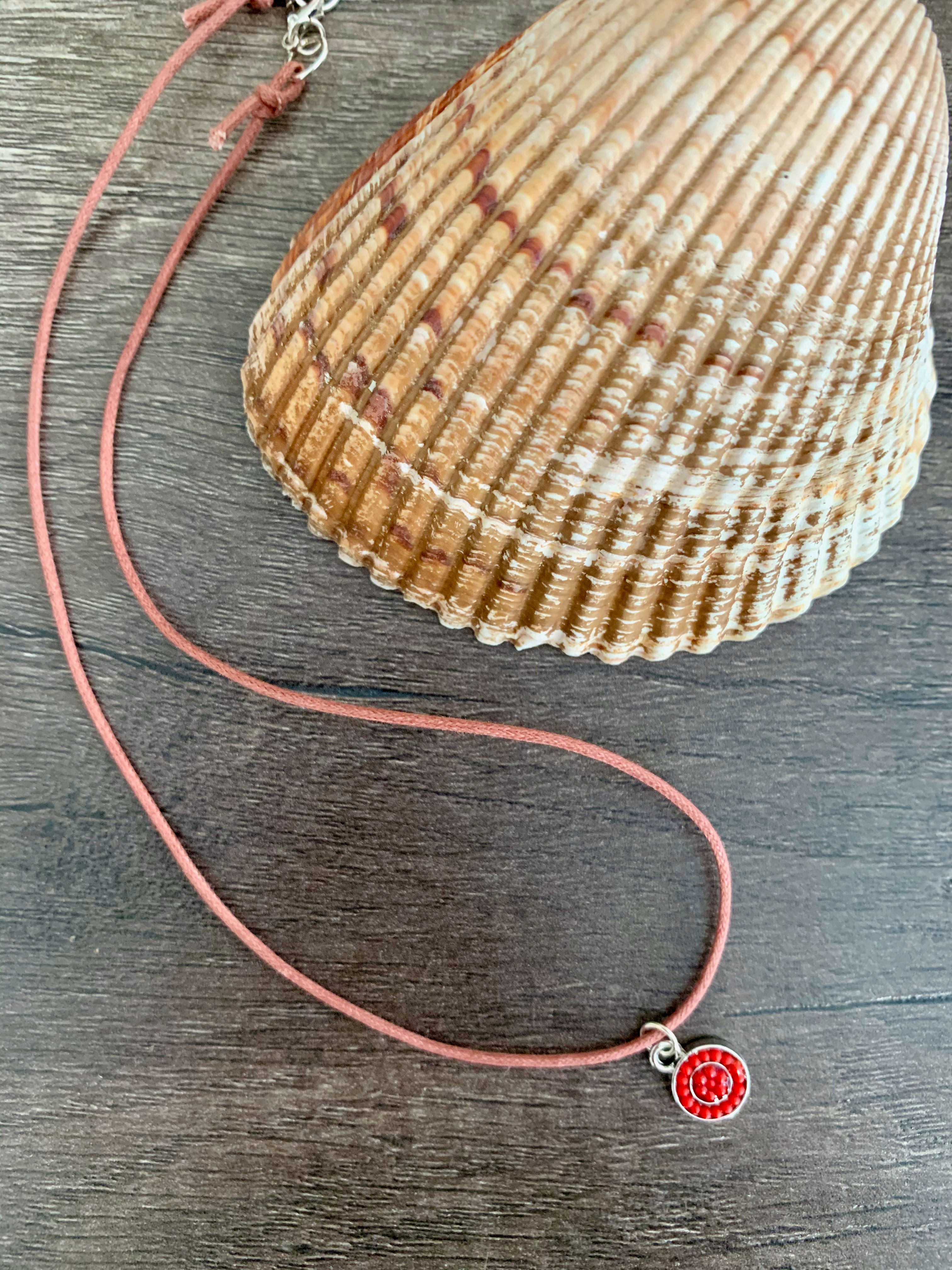 Red Mini Mandala Charm Necklace on Cotton Cording w Swarovski Crystal Clasp
