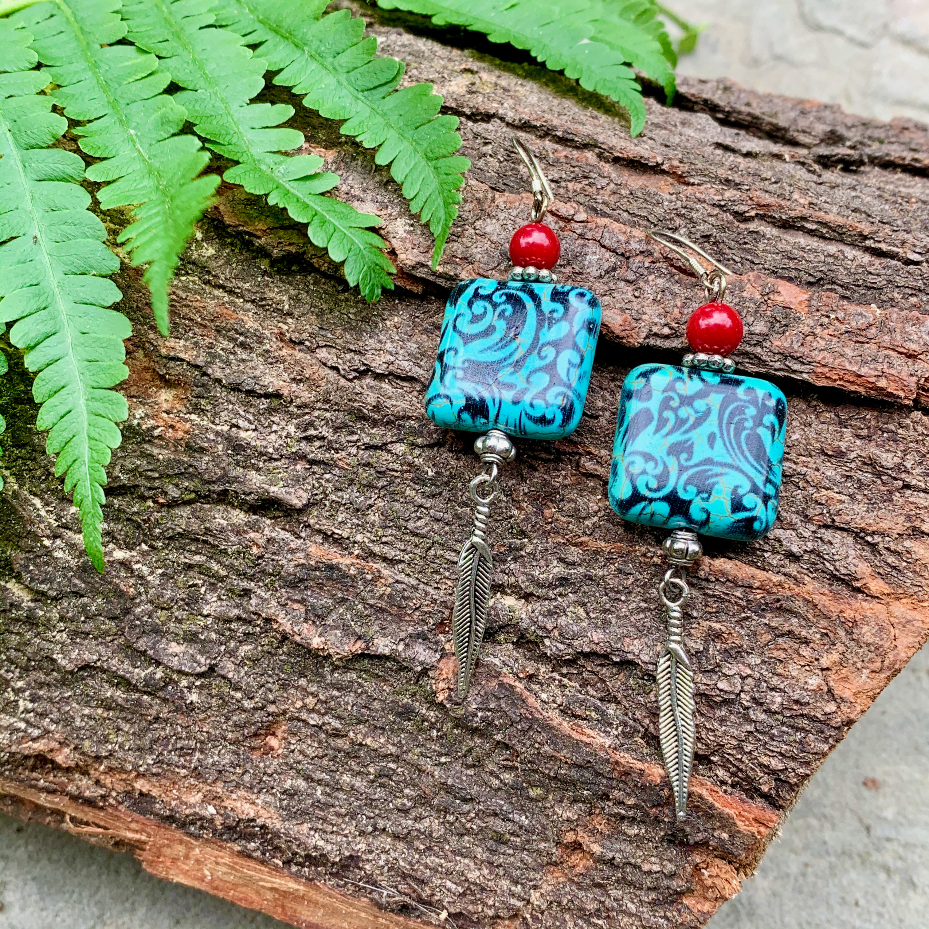 Red Coral Gemstones + Blue Designed Stones w Feather Charm on Sterling Hooks