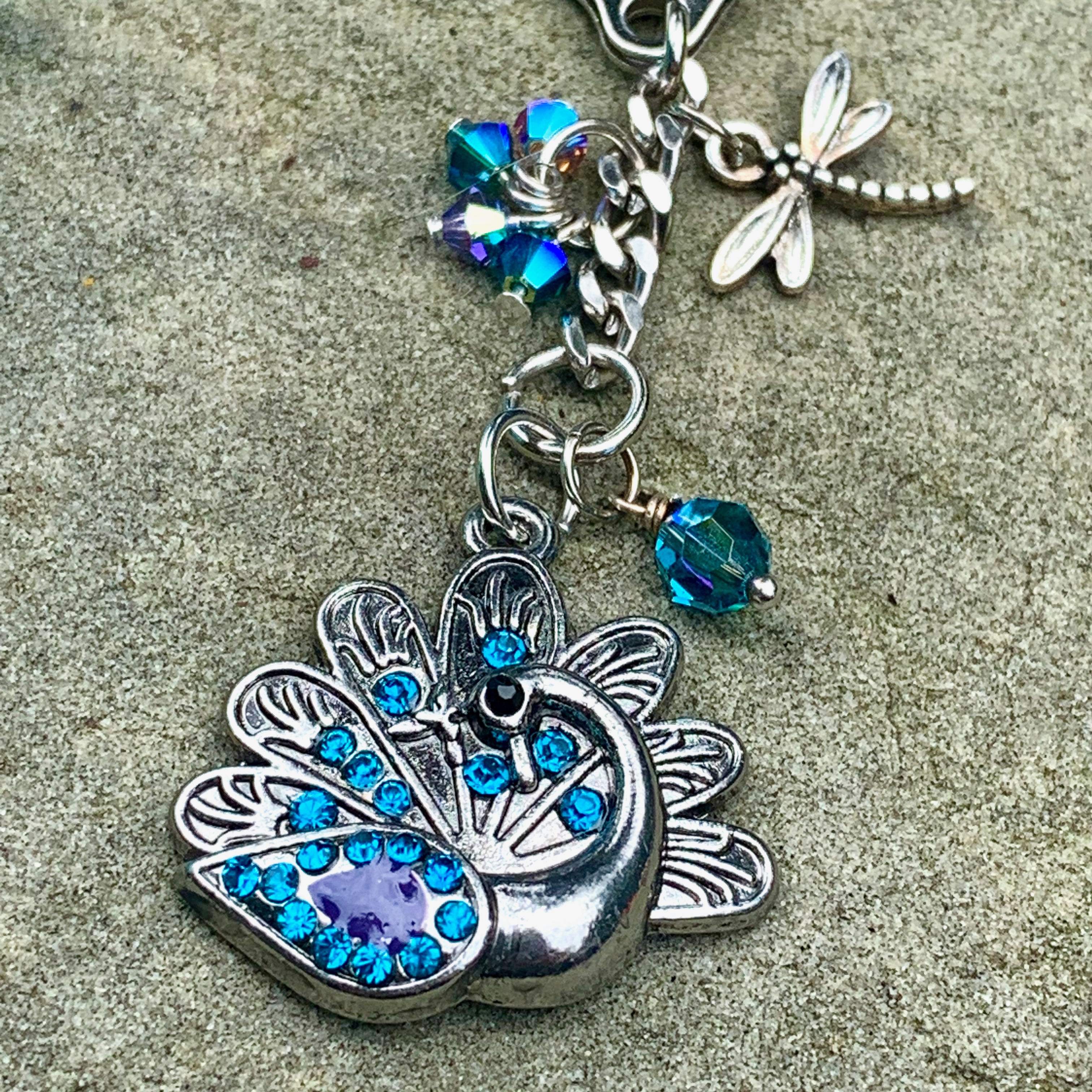 Peacock Charm w Blue Rhinestones Keychain - Bag Tag