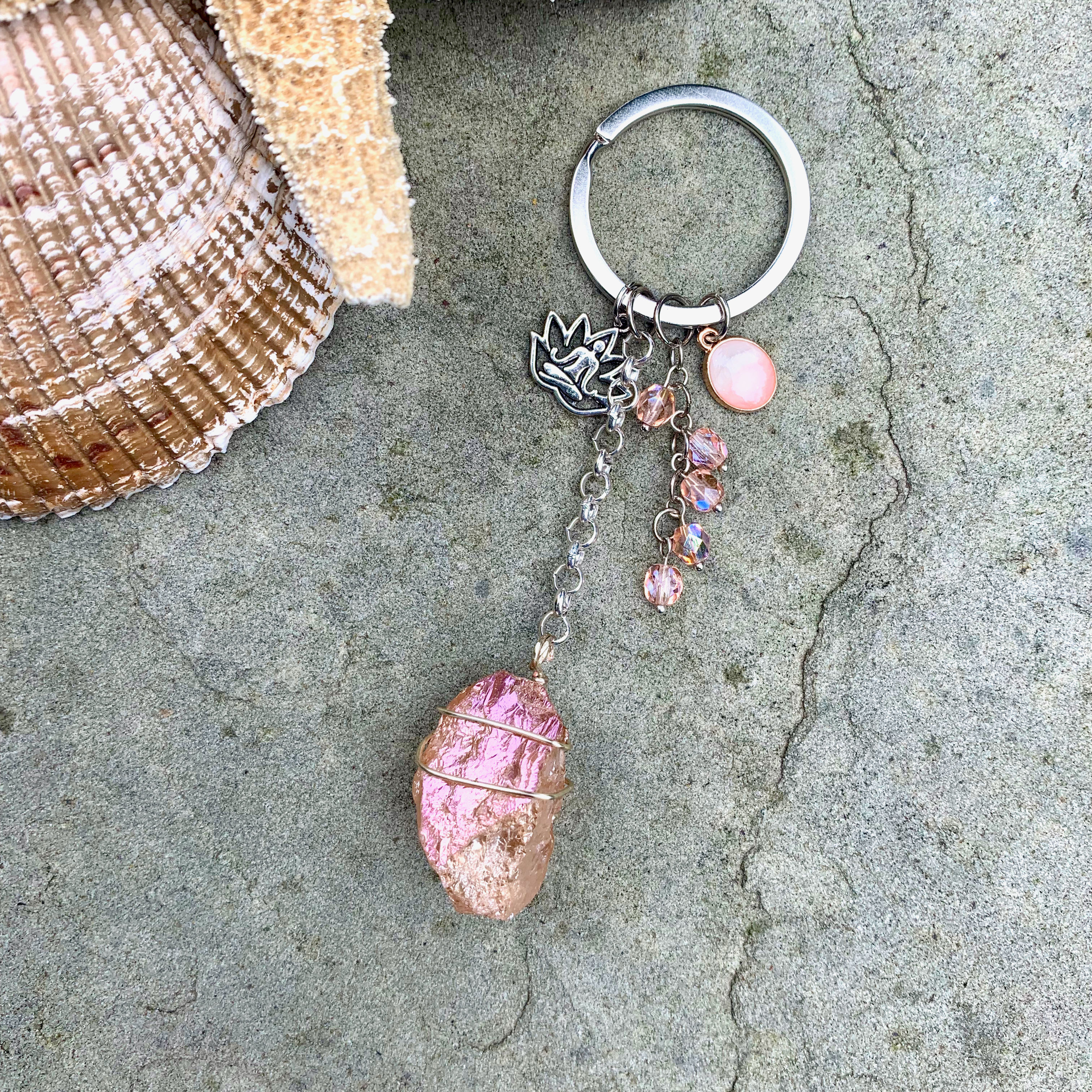 Pink Iridescent Druzy Agate Gemstone Keychain - Bag Tag