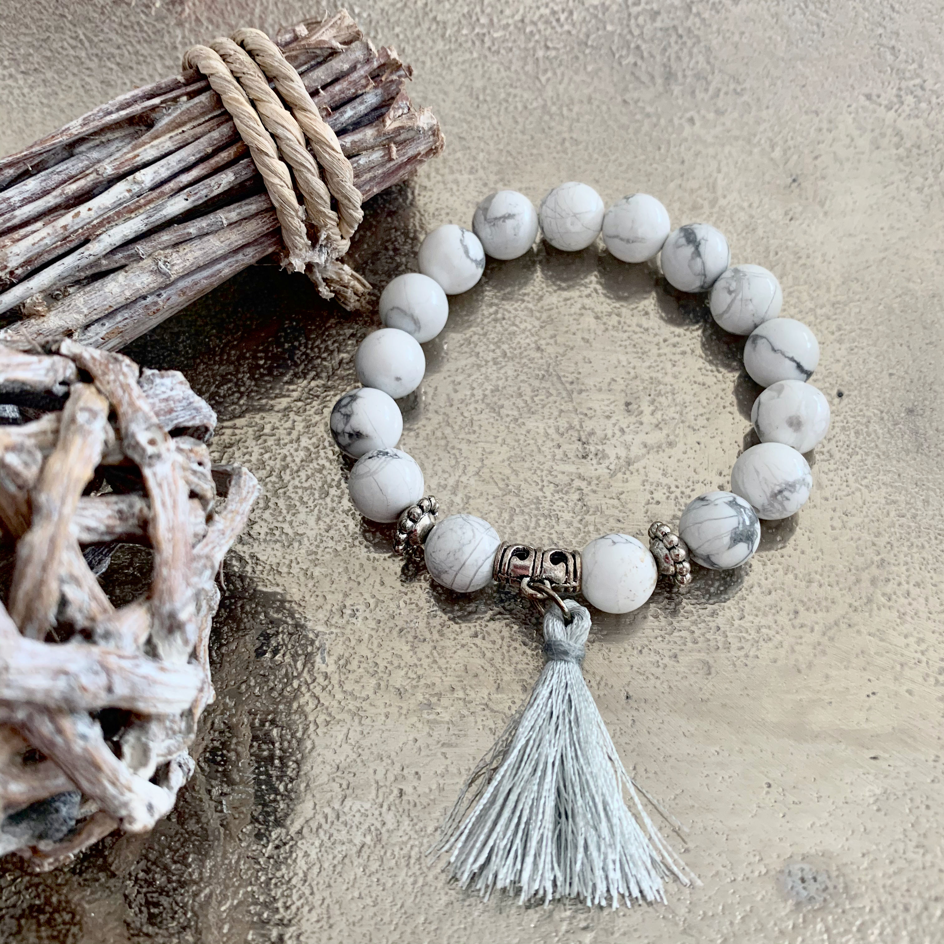 White Howlite Gemstones w Grey Tassel + Silver Bail + Spacers