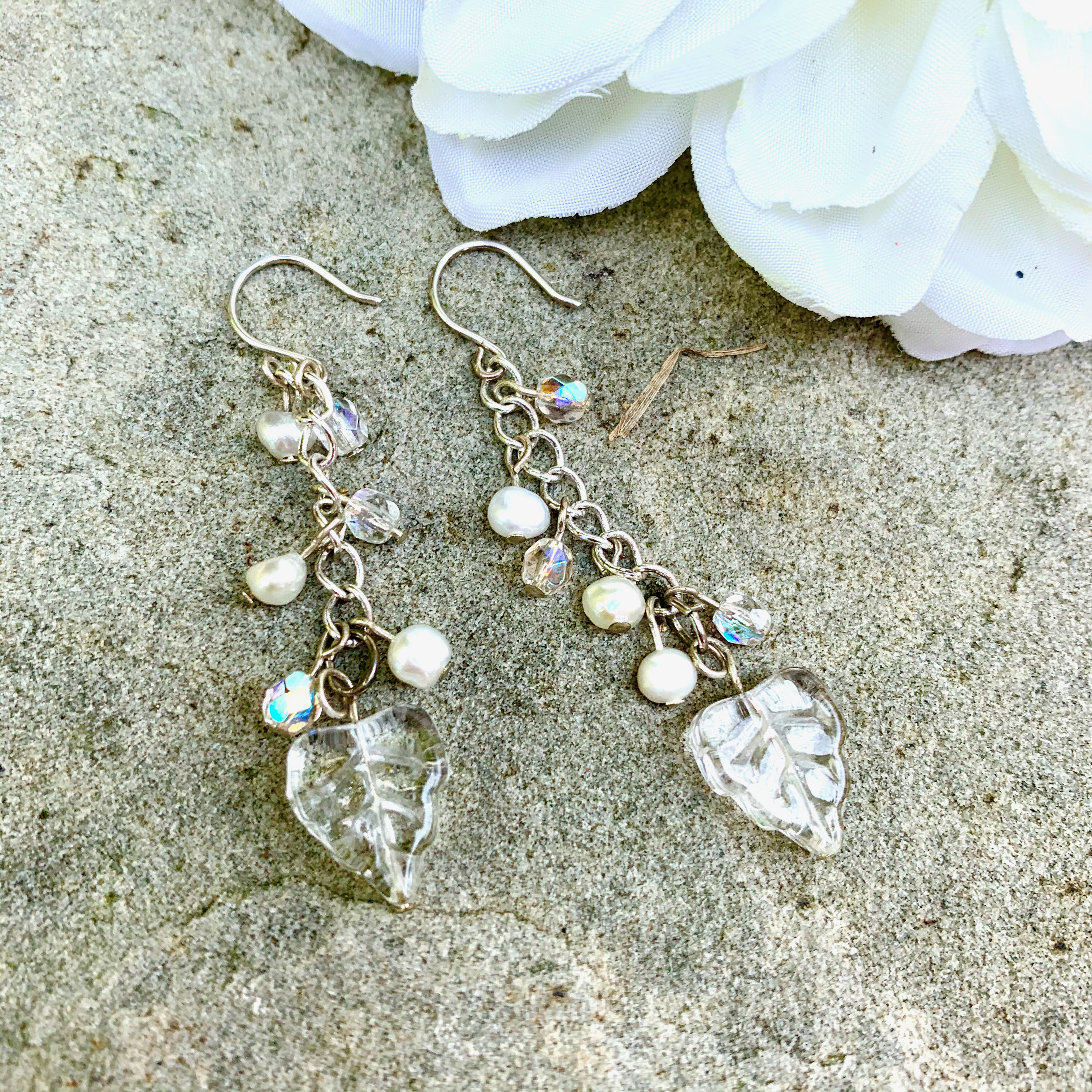 Mother of Pearl + Crystals Droplets w Glass Leaves on Silver Hooks